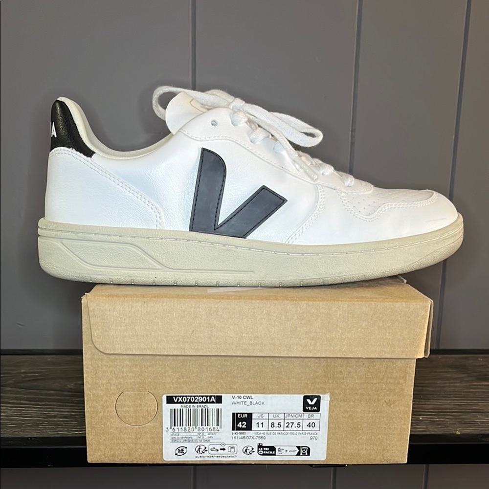 Veja V-10 White Sneakers with Black Logo